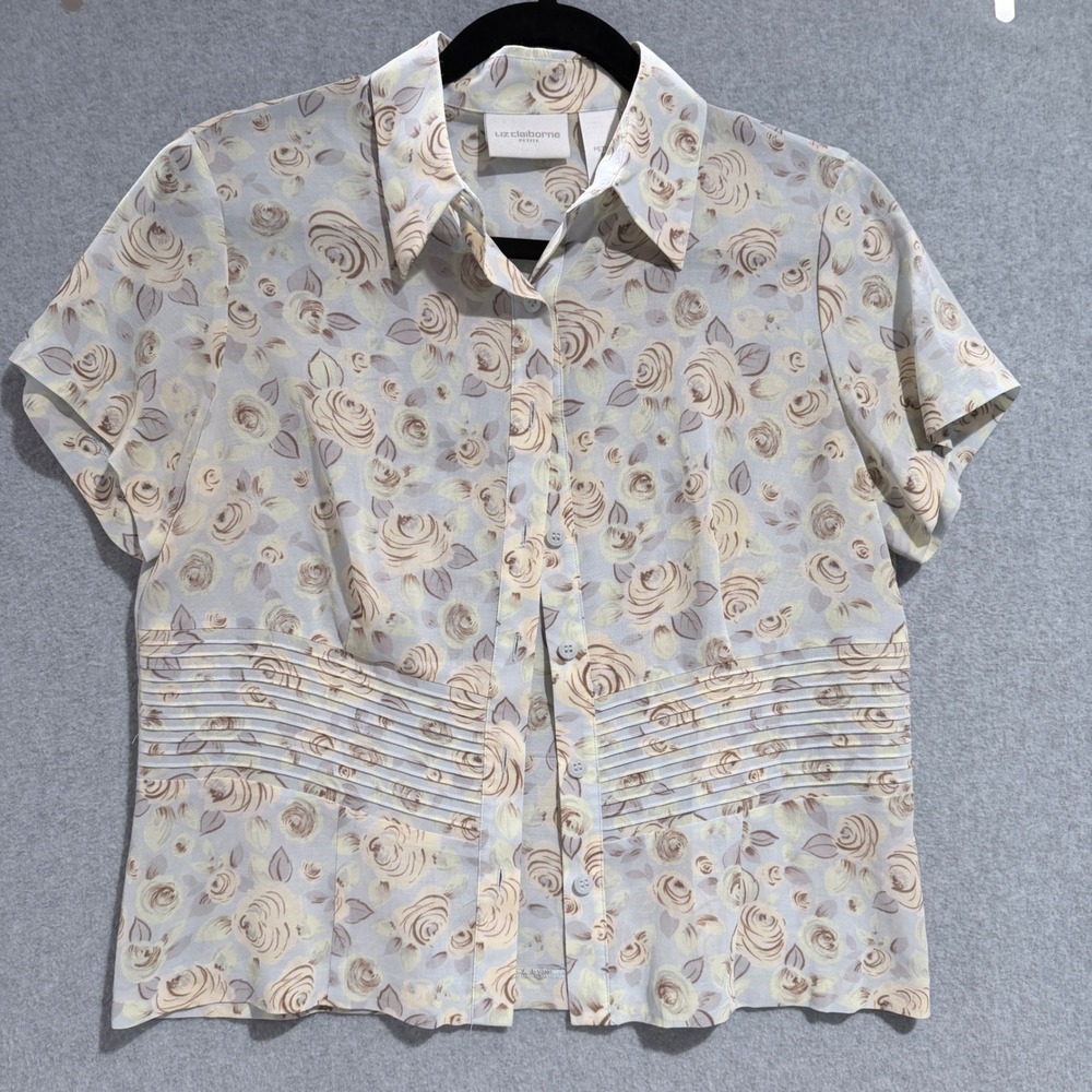 Liz Claiborne Petite Silk Cotton Floral Rose Pintuck Blouse 8P Grandmacore